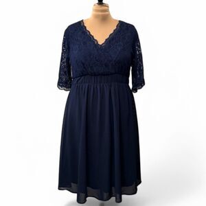 PINUP FASHION Lace and Chiffon Navy V-Neck Cocktail Dress, Size 22W